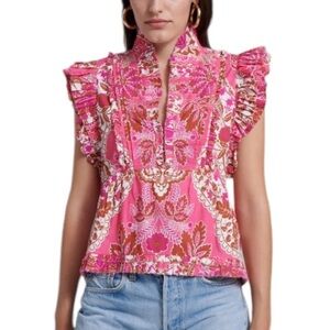 Love the Label Anthropologie Berna Floral Ruffled Top in Clementine Pink - L